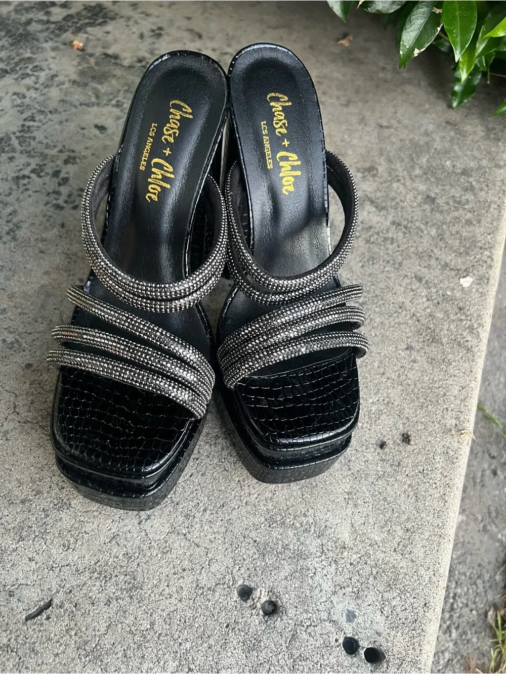 Chase + Chloe Black Platform Heels with Rhinestone Straps